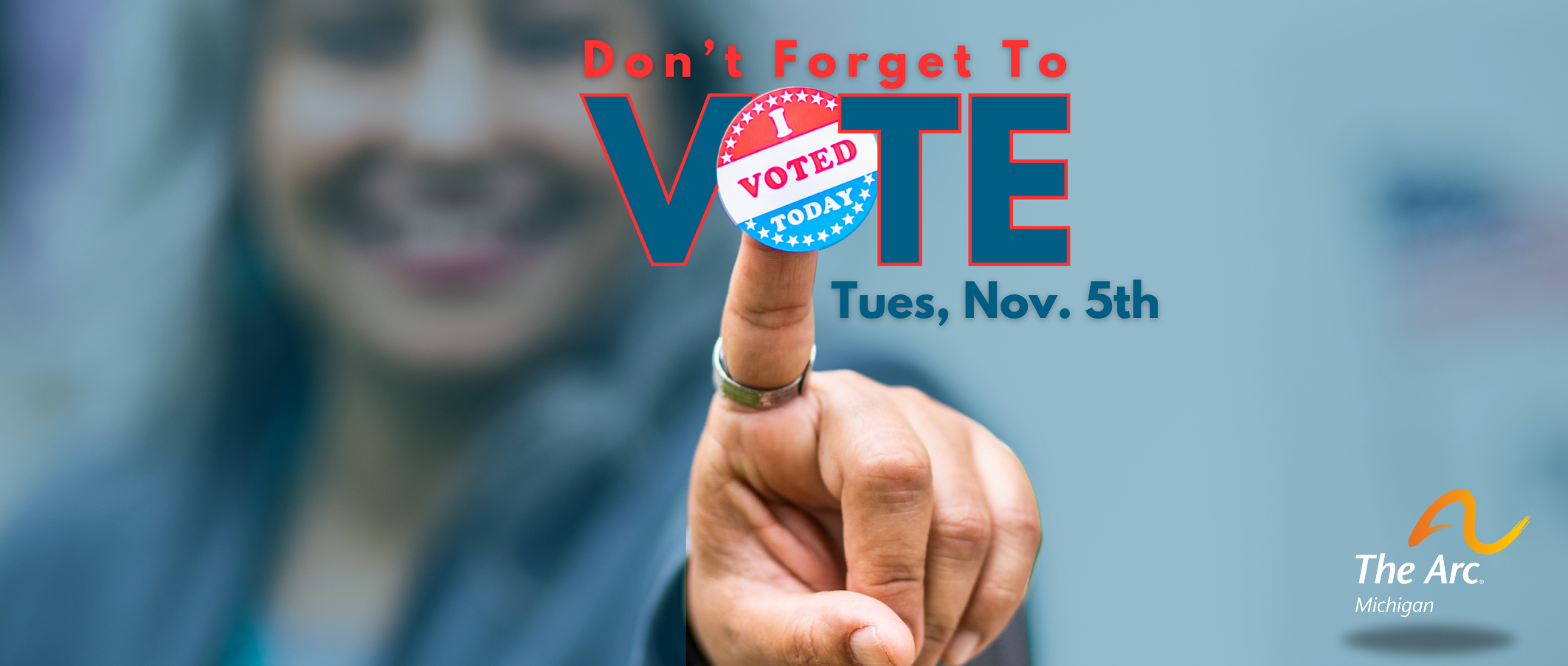 Woman showing the camera a sticker that says "I voted today". Overlay text reads "Don't forget to vote Tues, Nov. 5th"